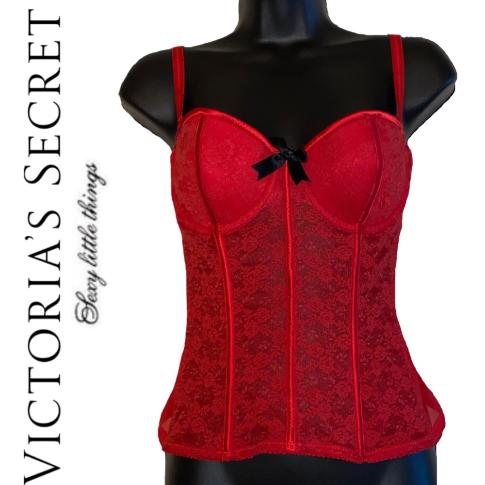 Victoria's Secret Sexy Little Things... Red Lace Corset Black Bow Size 36C